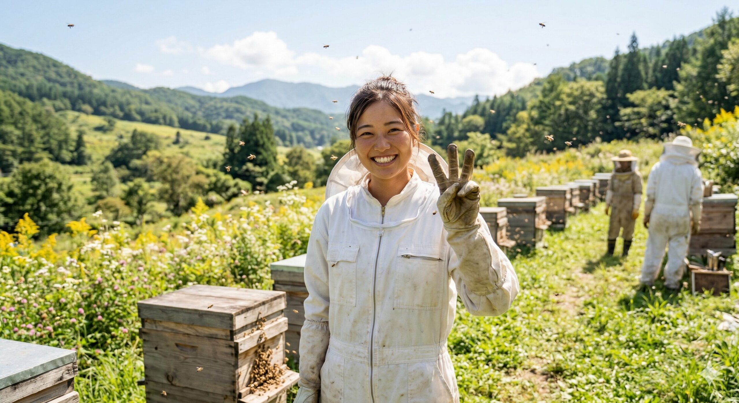 養蜂家の女性が養蜂場で指を三本立てている