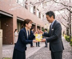 お世話になった方に、プレゼントをしている女子社員